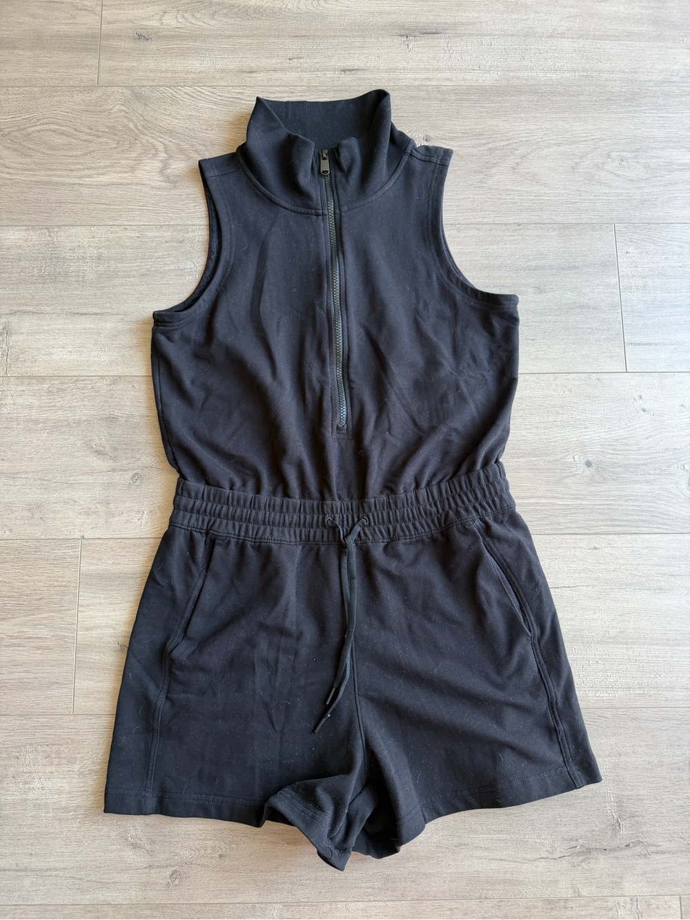 Athleta Seasoft Romper Black Half Zip Sleeveless Drawstring Waist Pockets Size M